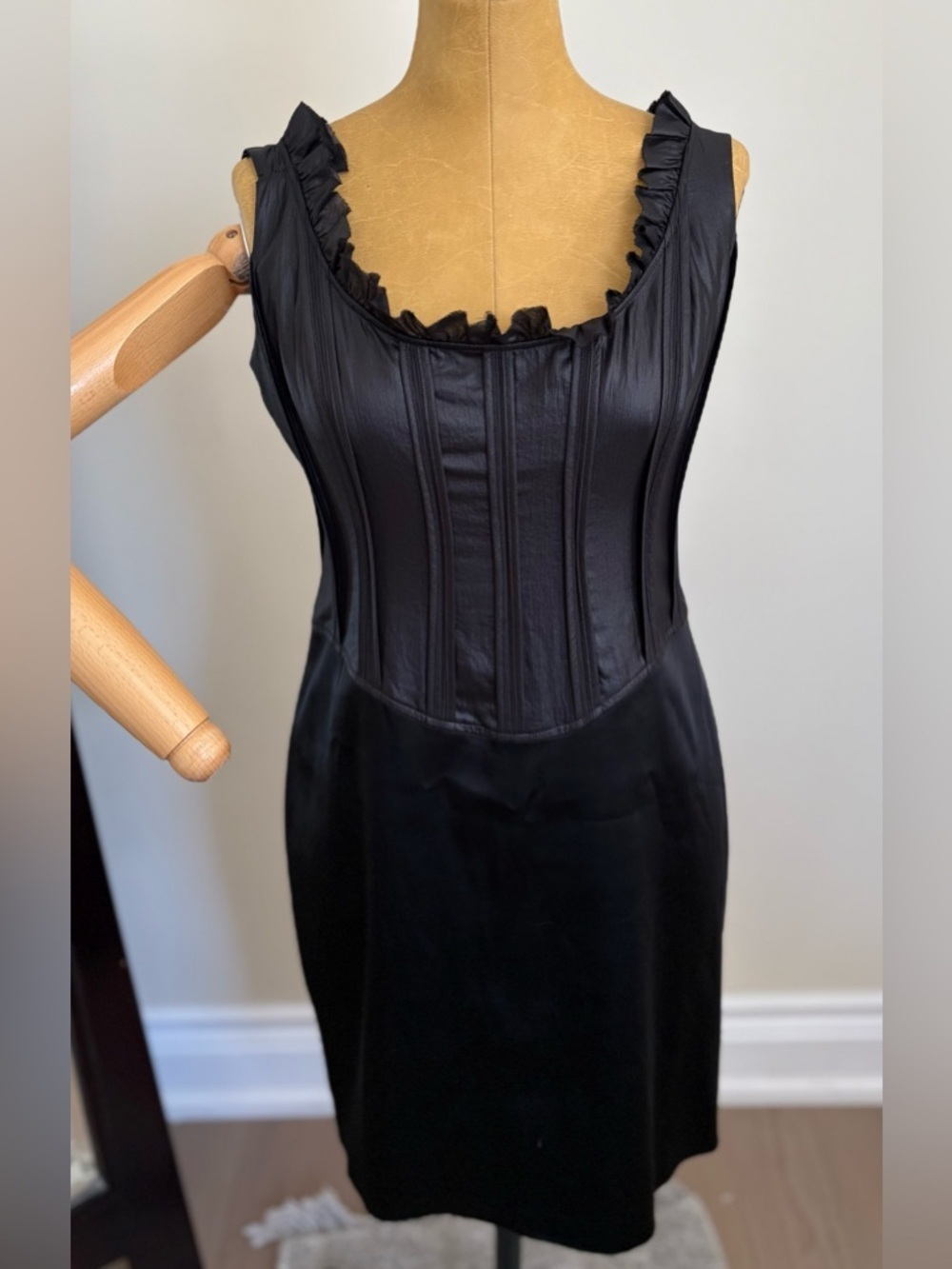 Marc New York Black Satin Dress with Ruffle Trim